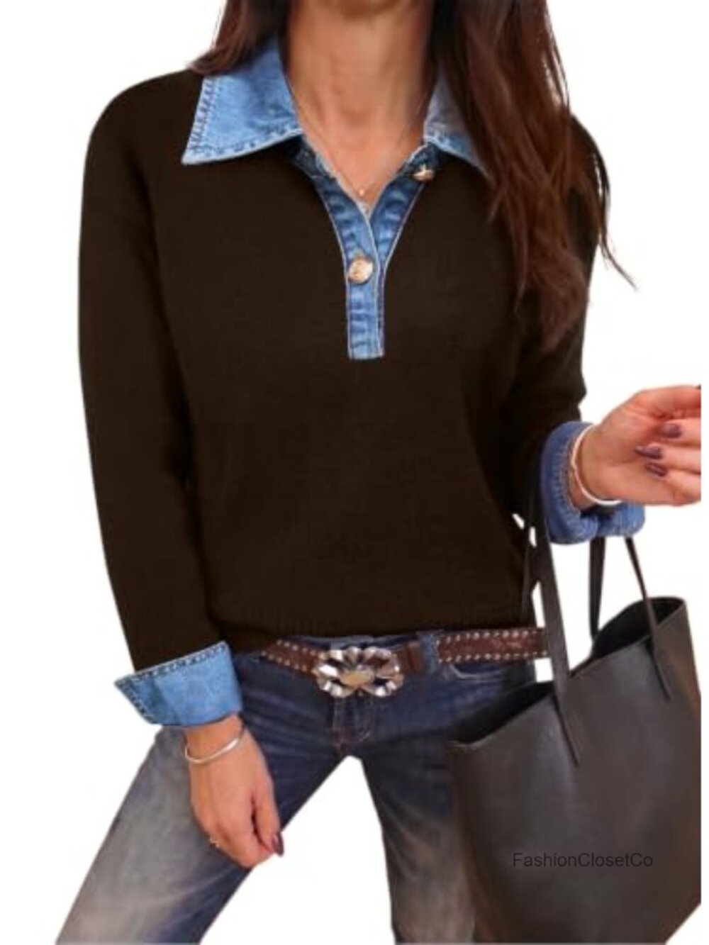 Womens Collared Chunky Knit Pullover Sweater Faux Layered Denim Trim